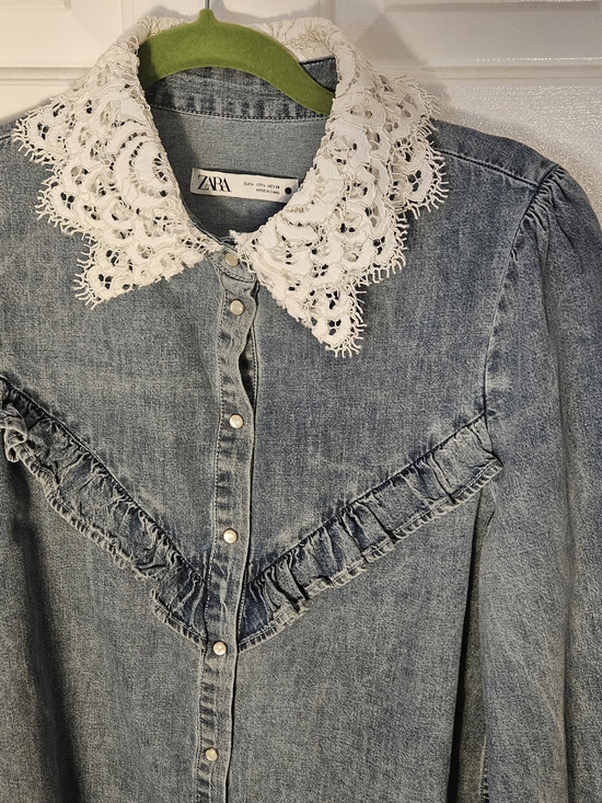 Zara Tops - Zara Light Blue Denim Top with White Crochet Collar